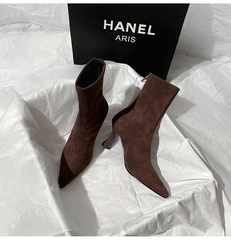 Pointed Toe Women Sock Short Boots Fashion Side Zipper  Ankle Booties Thick High Heel Autumn Winter Ladies Shoes Botas Femininas