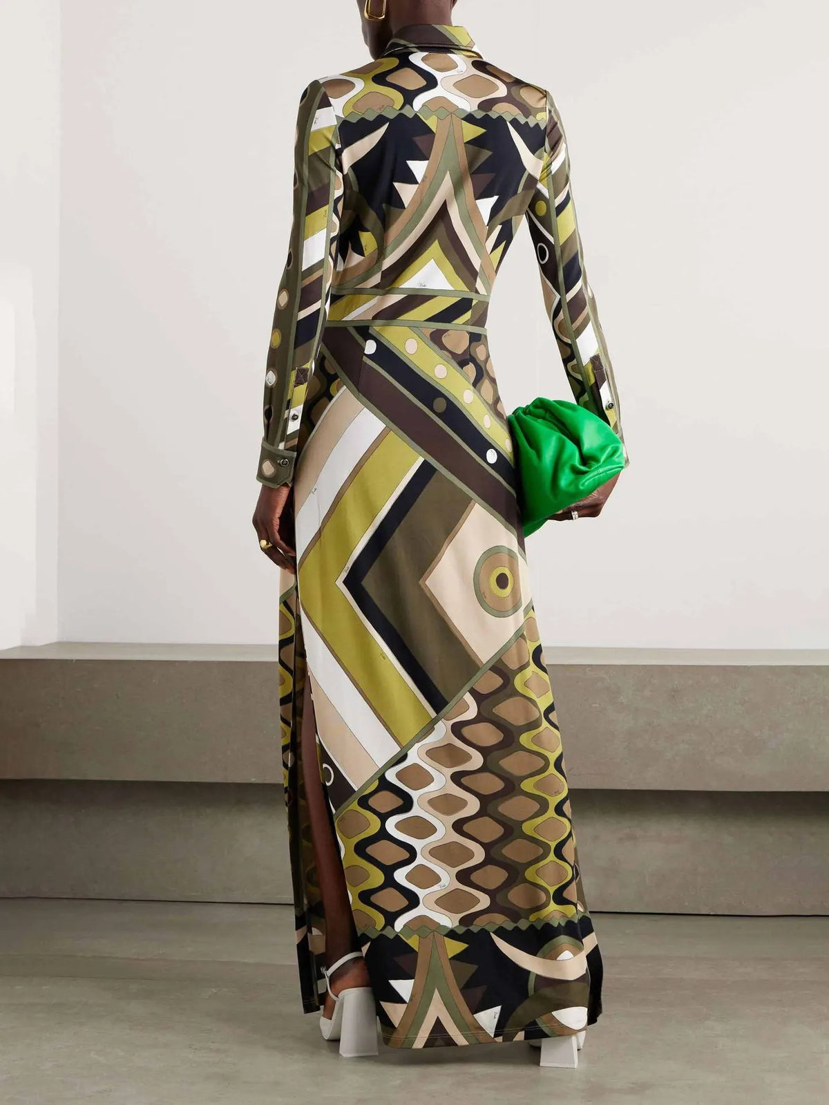 Donne eleganti autunno inverno stampa geometrica posizionamento bavero abito slim fit abiti maxi da festa con spacco a maniche lunghe alla moda