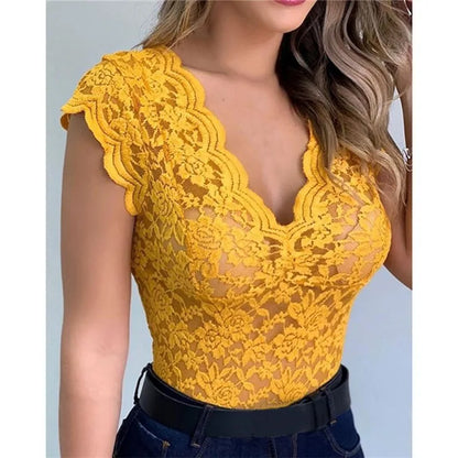 Débardeur d'été sexy en dentelle à col en V pour femmes, gilet de couleur unie, débardeur sans manches, t-shirt élégant et moulant avec broderies florales pour le club
