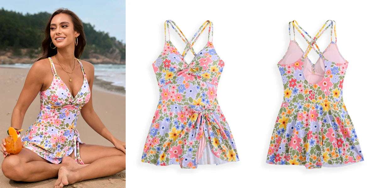 New digital printed twist pack cross skirt one-piece swimsuit conservative beach vacation one-piece swimsuit for women