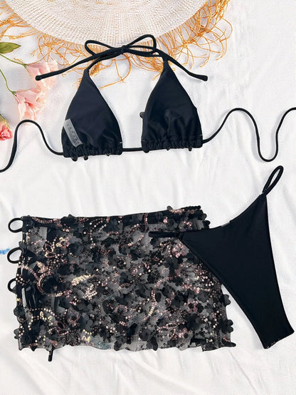 Costume da bagno a 3 pezzi con gonna in rete rosa con paillettes, reggiseno push-up e perizoma, stile brasiliano, per donna, ideale per le vacanze.