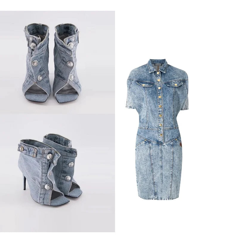 Summer Sandals Stiletto Heel Ladies Shoes Peep Toe Pumps Woman Brand Design Pumps Classic Blue Denim Boots Plus Size 43