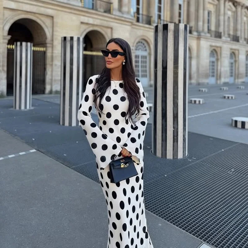 Abito a pois alla moda da donna, slim, a maniche lunghe, girocollo, a vita alta, lungo fino al pavimento, Nuova Collezione Primavera Estate 2026, Stile Bohemien