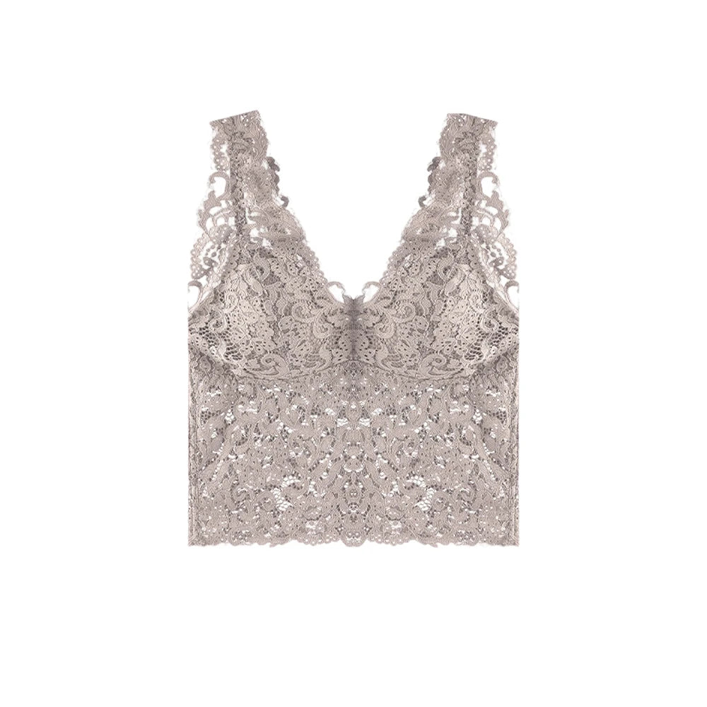 Gilet d'été sexy en dentelle à col en V profond avec coussinets de poitrine, débardeur floral brodé, caraco enveloppant la poitrine, débardeur rembourré court pour femme