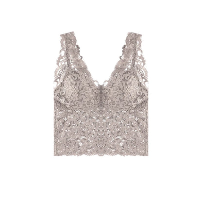 Gilet d'été sexy en dentelle à col en V profond avec coussinets de poitrine, débardeur floral brodé, caraco enveloppant la poitrine, débardeur rembourré court pour femme