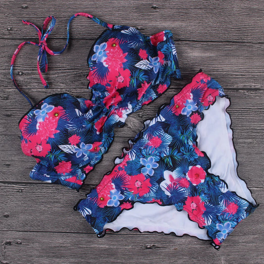 Sexy Bikini Swimsuit Womens Lettuce Floral Bathing Suit Swimwear Push Up Padded Beach Wear Swimming Suit Bikini