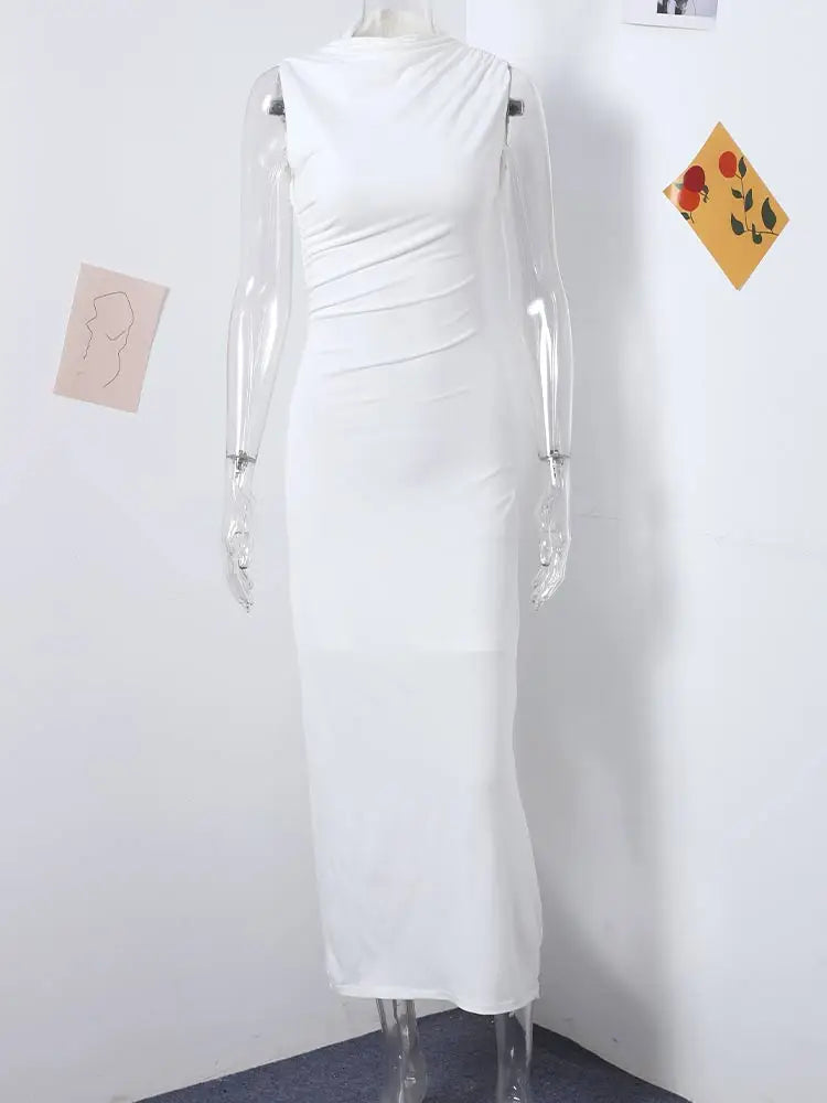 Abito da donna solido pieghettato O collo Slim Hip Package abiti lunghi da donna 2024 moda senza maniche Summer Evening Party abito femminile