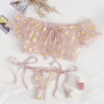 Sexy Summer Women's Underwear Seductive Floral Dreamy Lingerie Off-Shoulder Seduce Bralette Tops Panties Transparent Erotic Set