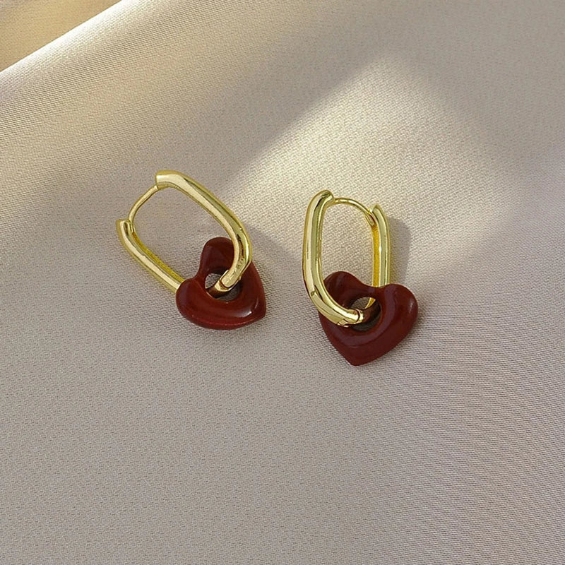 Orecchini a Cuore Rosso Carini per Donne e Ragazze, Orecchini a Cerchio Semplici e Lisci, Orecchini Geometrici alla Moda, Gioielli Rotondi per Feste