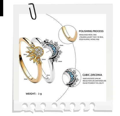 Set di anelli per coppia in argento 925 con sole e luna Anelli con zirconi scintillanti blu cielo Promessa di gioielleria raffinata Regali per San Valentino