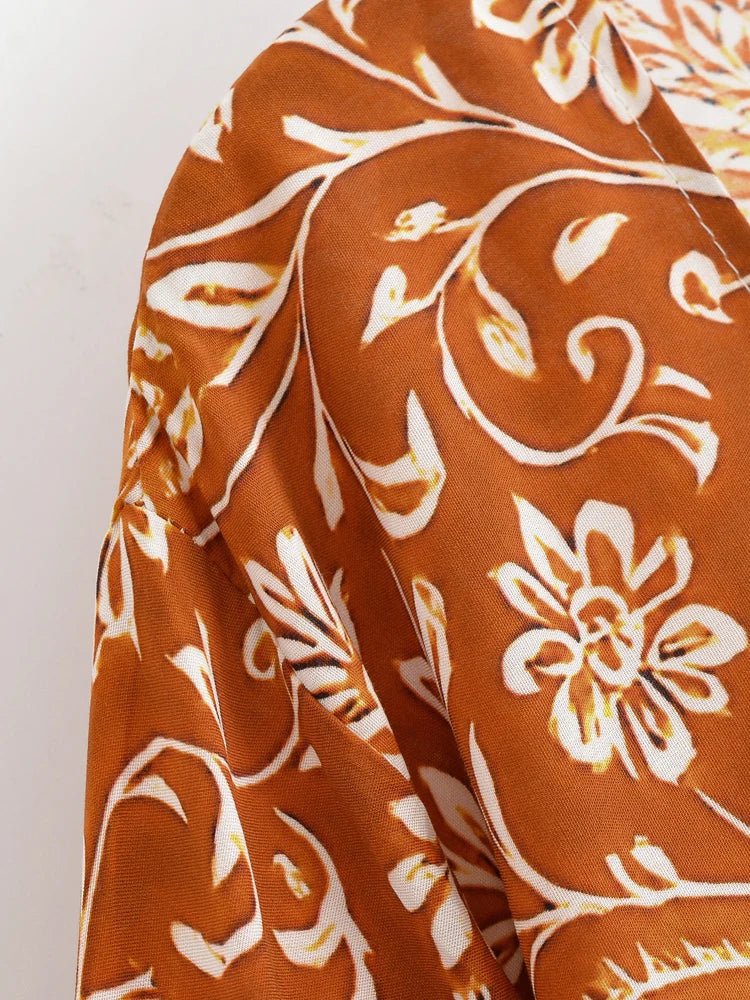 Boho Queens Donna Abiti con stampa floreale marrone Kimono Abito Abiti bohémien Pantaloni a gamba larga 2 pezzi Rayon Boho Set costume da bagno