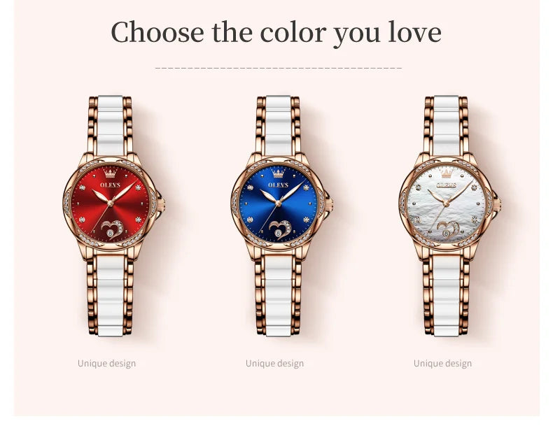 OLEVS 6631 Orologi automatici da donna Eleganti orologi da polso meccanici da donna impermeabili con cinturino in ceramica color oro rosa e lunetta con diamanti