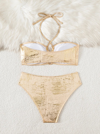 Damen-Badeanzug, sexy Bikini, goldfarben, Bademode, femininer Bikini-Set, unifarbene Strandbekleidung, Damen-Badeanzug, Trikini, Dropshipping