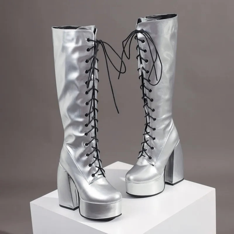 Sexy Lace Up Platform Long Boots Women Thick Gothic Heels High Knee Boot Winter Red Black Green Fetish Party Shoes Large Size 48