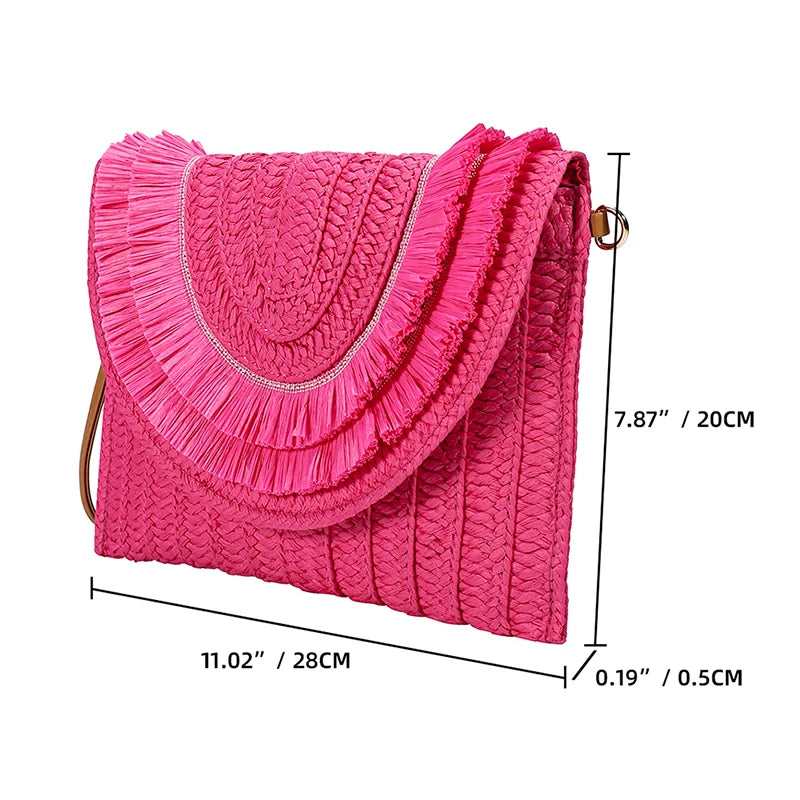 Pochette in paglia intrecciata fatta a mano Borsa in tinta unita Borsa da donna con patta estiva Bohe Portafogli da spiaggia Borsa a tracolla