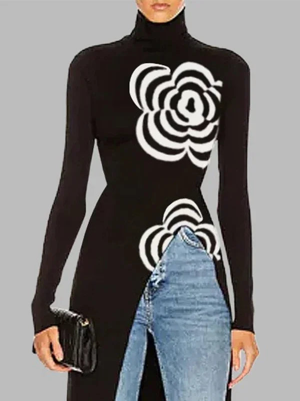 Modigirl Inverno Donna Pullover lavorato a maglia Top 2024 Fiore nero Design Slim Fit Asimmetrico Collo alto Maglioni lunghi per donna