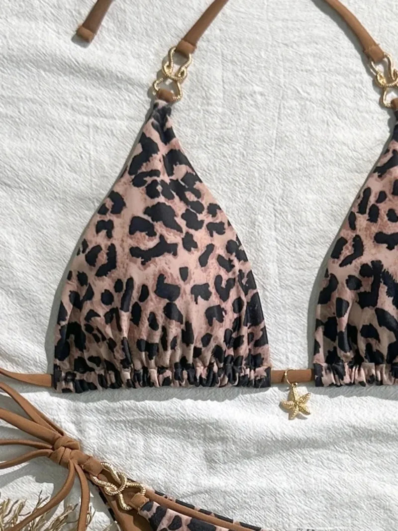 Neuer Leopard-Neckholder-Bikini-Set im europäischen und amerikanischen Stil für Damen, sexy Badeanzug – Kollektion 2025