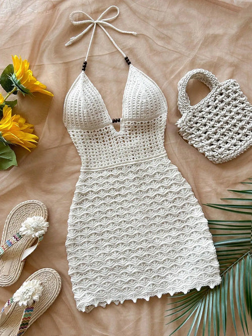 Robe d'été sexy tricotée à col en V creux, perles en bois, coupe ajustée, bretelles de vacances et dégradé de couleurs, robe sans bretelles