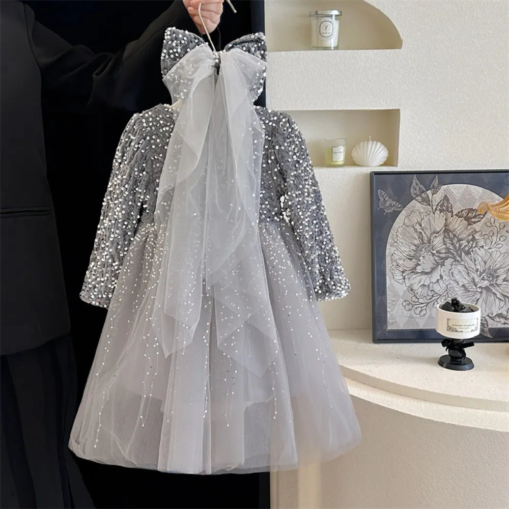 Abiti da ragazza Moda autunnale Nuova maglia patchwork con paillettes Abito da principessa a maniche lunghe Tinta unita Abbigliamento per bambini di Capodanno