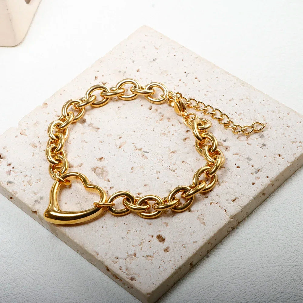 Bracciale a catena con ciondolo a forma di cuore o rotondo in acciaio inossidabile