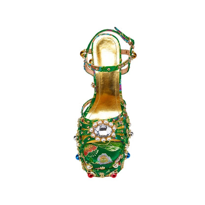 Neue Damen Sommer Plateau Sandalen wasserdicht dicker Boden Wasser Diamant Perle Niete Blume Satin offene Spitze High Heels groß
