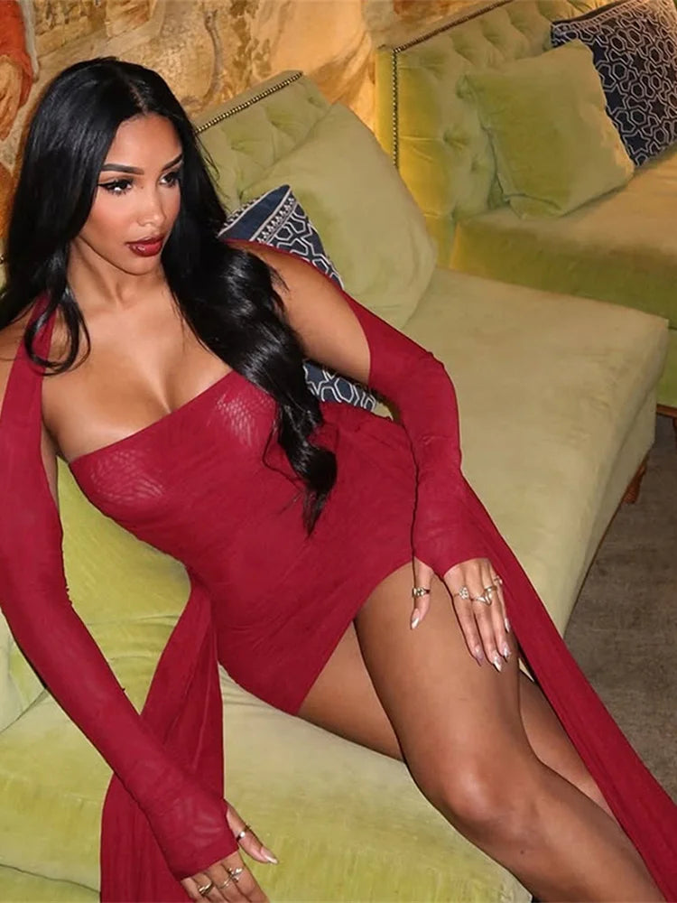Nibber Sommerurlaub Sexy Durchsichtiges Kleid + Schal Damen Geraffte Seitenbänder Kokett Enges Mitternachts-Clubwear-Party-Bodycon