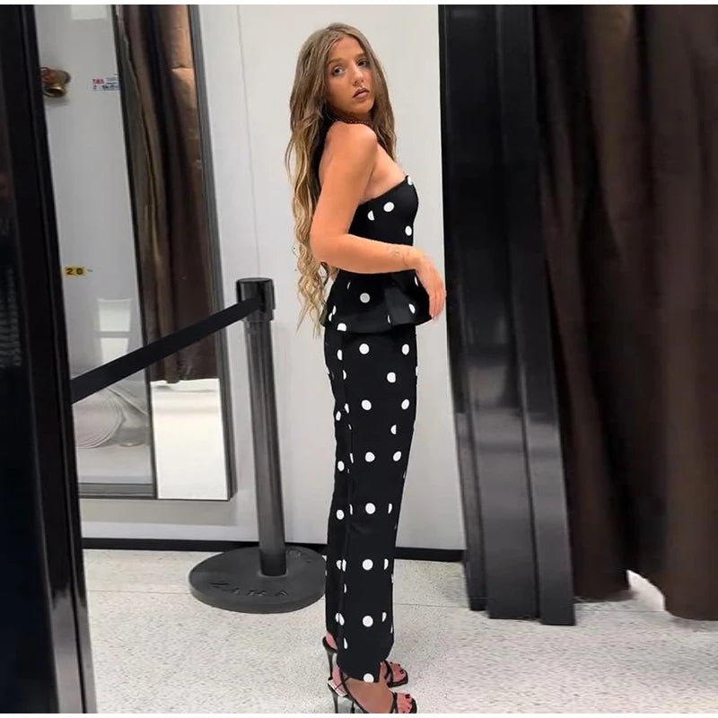Elegante Tuta Intera da Donna a Pois Senza Maniche con Vita Stretta e Schiena Scoperta, Top a Tubino, Pagliaccetto Lungo da Donna, Moda Estiva 2026