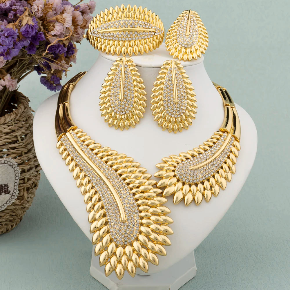 Parure de bijoux tendance et colorée pour femme, boucles d'oreilles et collier en zircon, grand bracelet plaqué or, bague, nouveau style, cadeau de bijoux