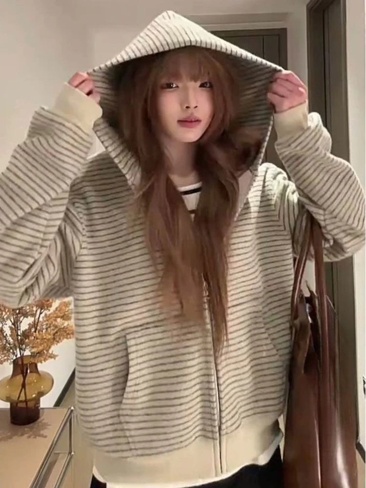 Felpa con cappuccio a maniche lunghe allentata a righe vintage americane anni 2000 Y2k Sottocultura Casual Cardigan con cappuccio con zip Cappotti Harajuku
