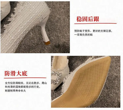 Stiletto Heels 2024 White Wedding Shoes Fashion Pointy Square Button Rhinestone Sandals Temperament Women's Women's Shoes