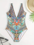 Sexy Print V-Neck One-Piece Bikini Swimwear Thermal Spring Vacation Women's Fashionable Trendy Swimsuit with Strap
