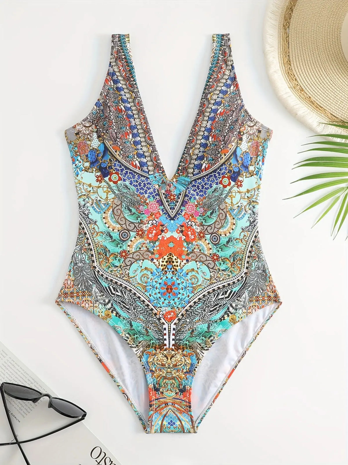 Sexy Print V-Neck One-Piece Bikini Swimwear Thermal Spring Vacation Women's Fashionable Trendy Swimsuit with Strap