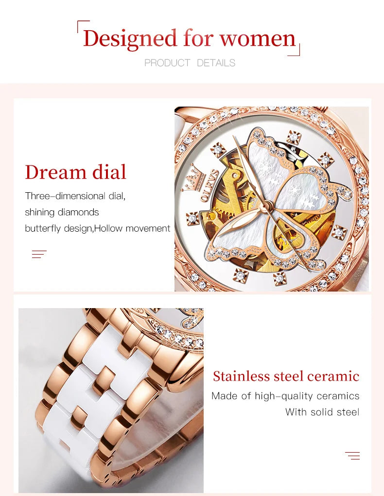 OLEVS 6622 Orologio da donna con quadrante a farfalla Orologio meccanico impermeabile di lusso per donna Orologio da polso automatico con cinturino in ceramica cava