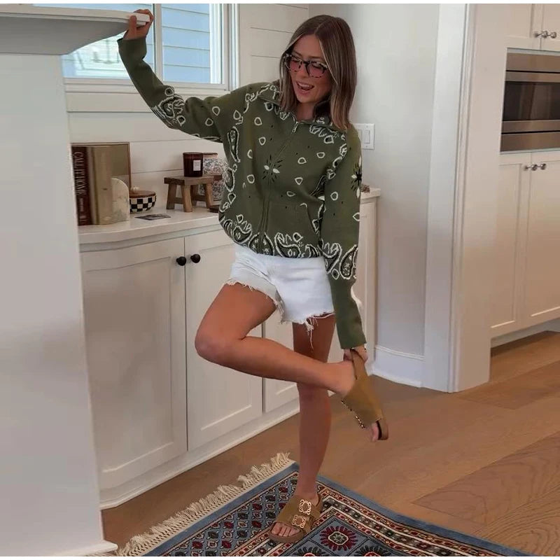 Giacca in maglia con stampa paisley per donna, colletto alto, maniche raglan, chiusura a zip, tasca frontale, cardigan autunnale 2026, giacca retrò ampia.