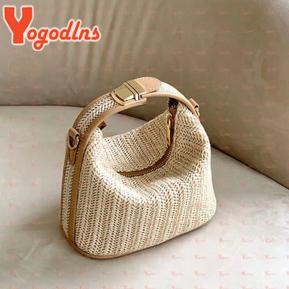 Yogodlns Borsa estiva piccola in paglia Borsa a tracolla alla moda Borsa a tracolla a secchiello intrecciata Borsa da spiaggia casual al mare Borsa con manico per ragazze