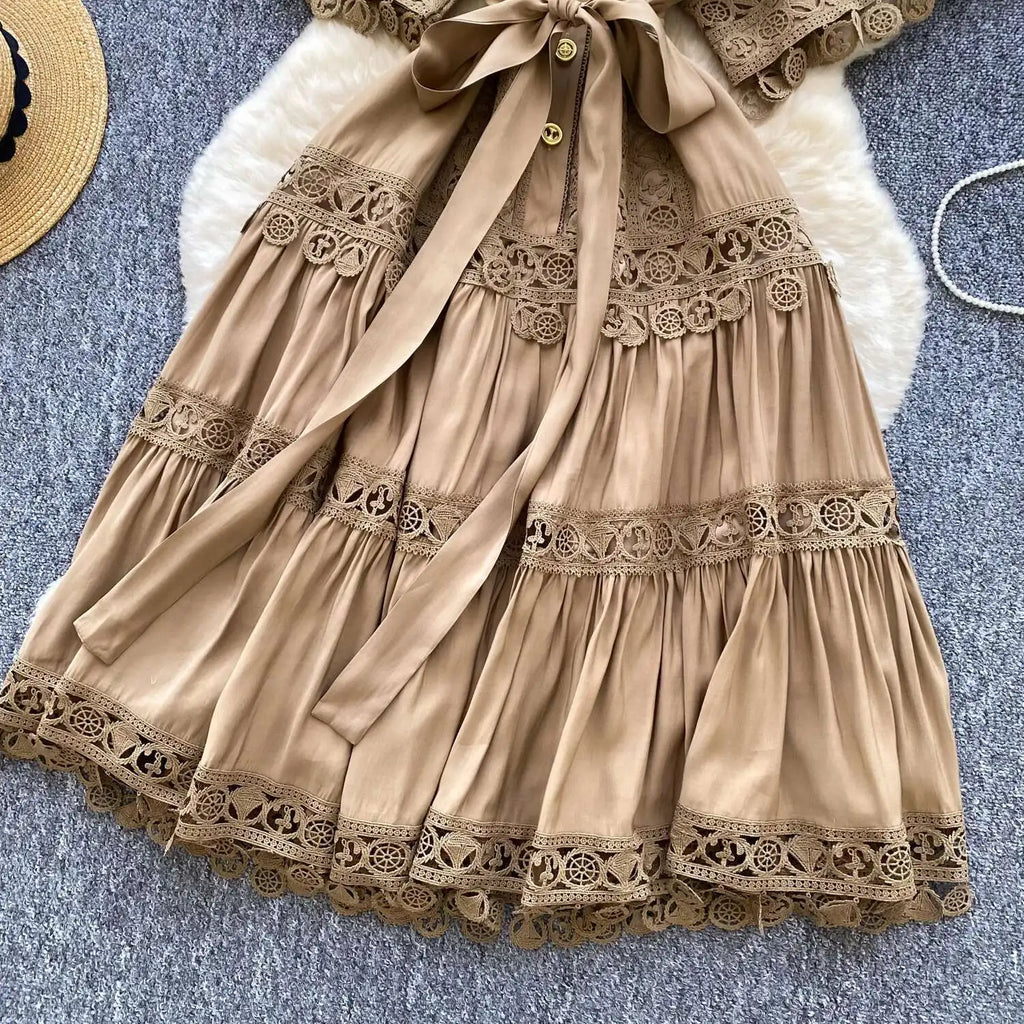 Abiti midi scavati di lusso Camicia da donna Vacanza estiva Elegante bottone monopetto Cintura in pizzo Ricamo Vestido lungo da festa