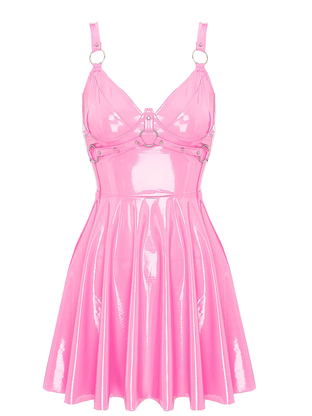 Abito sottoveste in pelle verniciata Sexy effetto bagnato da donna O-Ring rivetti con spalline scollo a V Punk gotico a-line Mini abiti Rave Party Clubwear