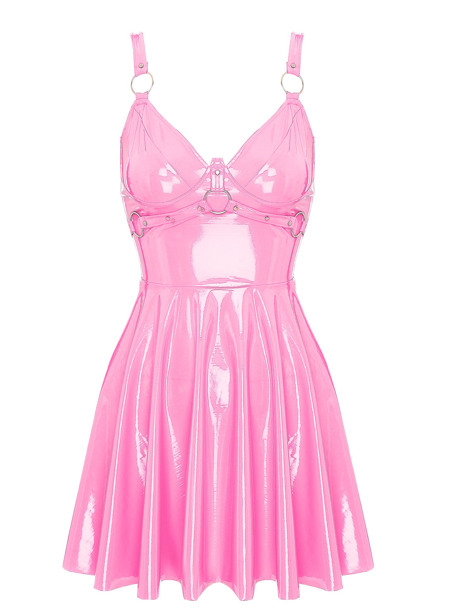 Abito sottoveste in pelle verniciata Sexy effetto bagnato da donna O-Ring rivetti con spalline scollo a V Punk gotico a-line Mini abiti Rave Party Clubwear