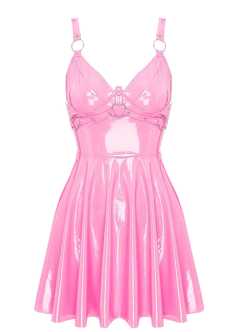 Abito sottoveste in pelle verniciata Sexy effetto bagnato da donna O-Ring rivetti con spalline scollo a V Punk gotico a-line Mini abiti Rave Party Clubwear
