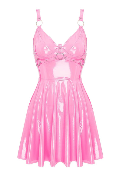 Abito sottoveste in pelle verniciata Sexy effetto bagnato da donna O-Ring rivetti con spalline scollo a V Punk gotico a-line Mini abiti Rave Party Clubwear