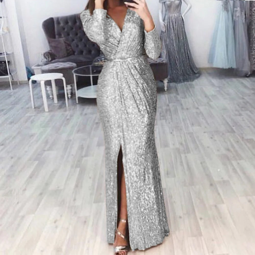 Abito lungo da donna elegante con scollo a V a maniche lunghe da festa Autunno Inverno Moda con paillettes Vita sexy Abiti maxi slim casual con spacco alto