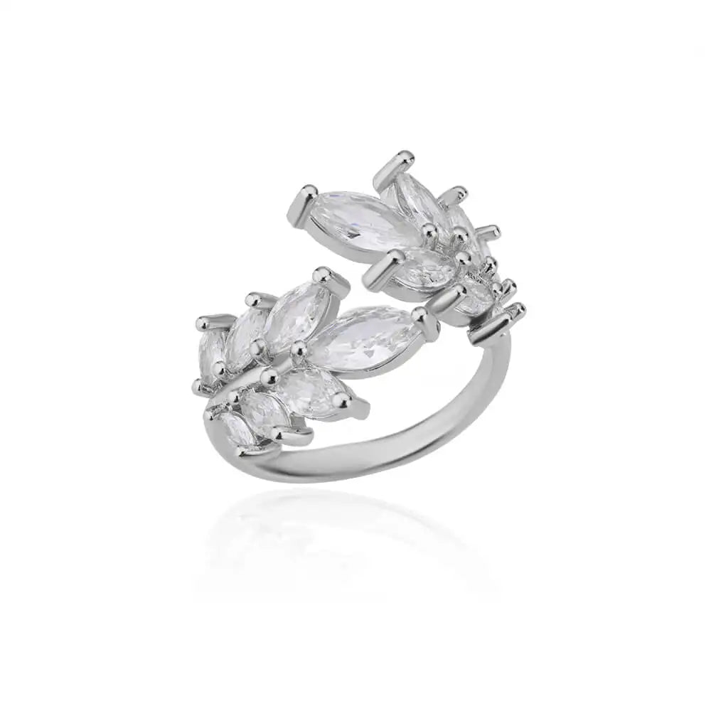 Anelli a foglia a doppio strato con zirconi di lusso per le donne Anello in acciaio inossidabile color oro Boho Coppia gioielli Accessori anelli mujer