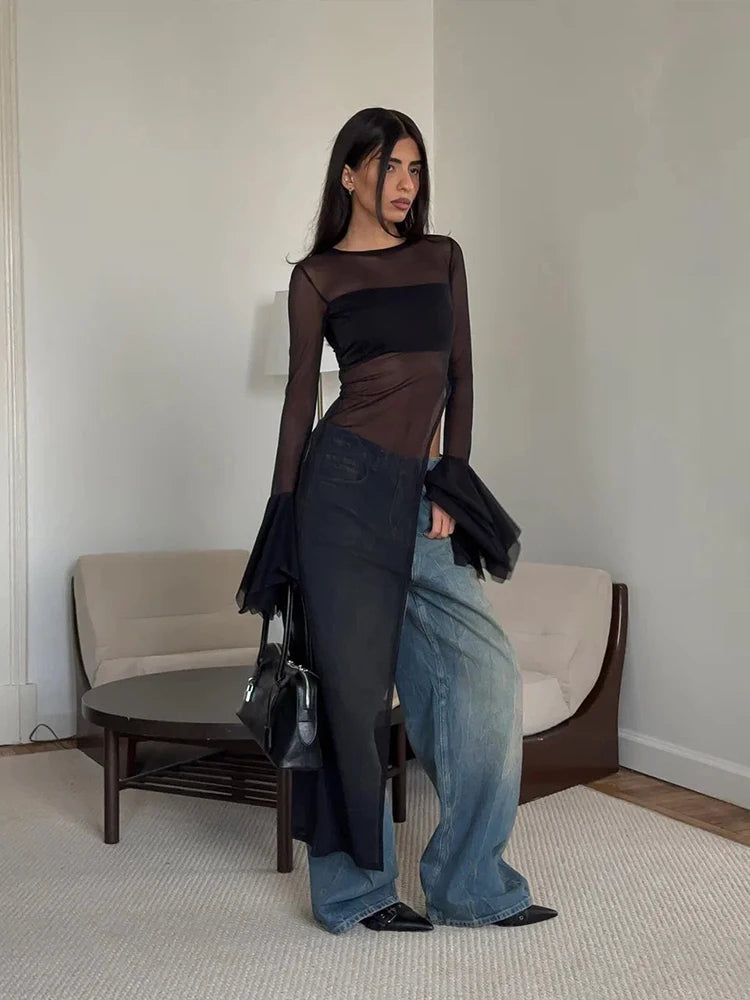 Maglietta da donna con orlo irregolare, design originale e sensuale, patchwork, scollo rotondo, maniche svasate, ideale per l'estate, stile sexy e audace, con spacco lungo, top alla moda.