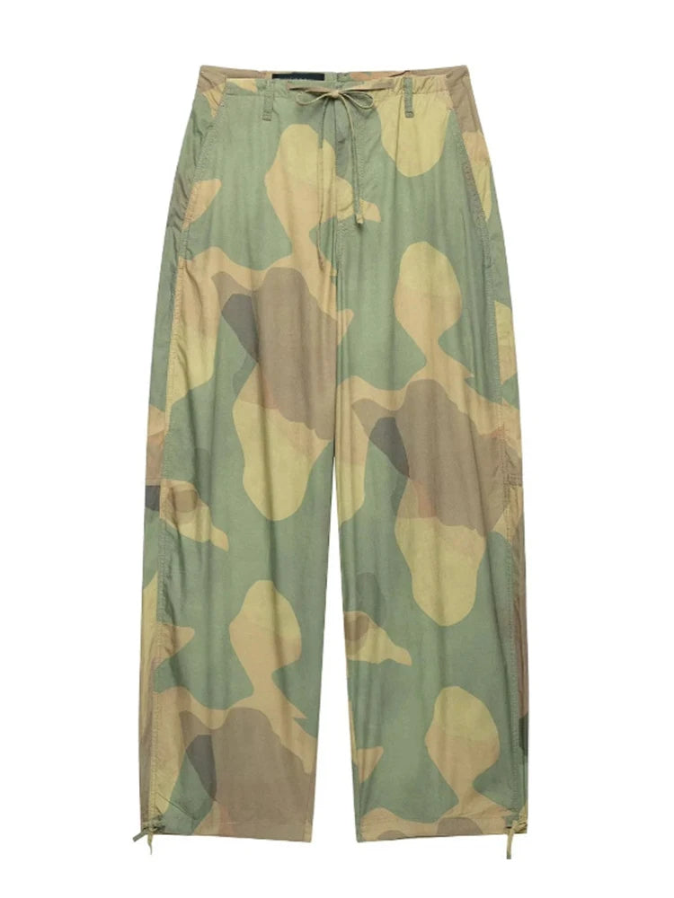 Pantaloni da donna con stampa mimetica, vita con coulisse, gamba larga, taglio ampio, orlo con coulisse, vestibilità comoda, pantaloni casual, streetwear, nuova moda 2026