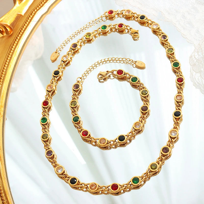 Ensemble collier bracelet zircon coloré pour femmes, chaîne inaltérable tendance, bijoux de créateur, accessoires plaqués or en cuivre 2024