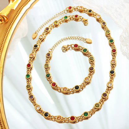 Ensemble collier bracelet zircon coloré pour femmes, chaîne inaltérable tendance, bijoux de créateur, accessoires plaqués or en cuivre 2024