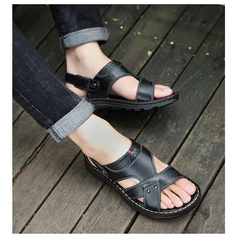 Herren-Ledersandalen für den Sommer, rutschfeste Herrenschuhe aus echtem Leder, Hausschuhe, Strandschuhe mit dicker Sohle für draußen, bequeme, weiche Herren-Sandalen