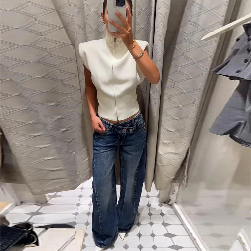 Cardigan in maglia da donna senza maniche con spalline imbottite, collo alto a metà, doppia cerniera, corto, aderente, tinta unita, top di tendenza per la strada