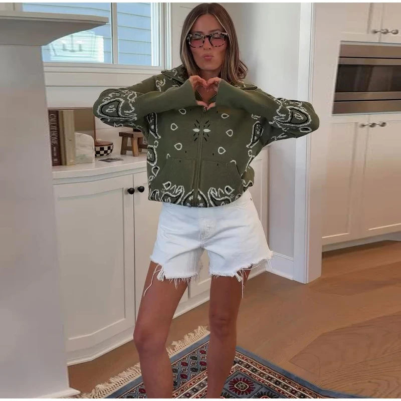 Giacca in maglia con stampa paisley per donna, colletto alto, maniche raglan, chiusura a zip, tasca frontale, cardigan autunnale 2026, giacca retrò ampia.