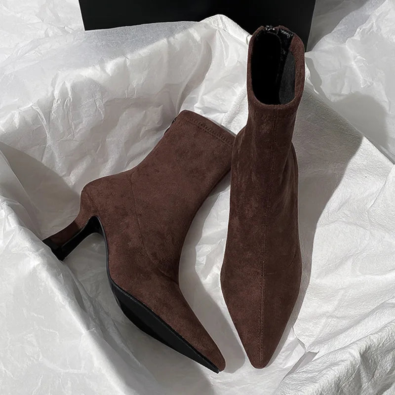 Pointed Toe Women Sock Short Boots Fashion Side Zipper  Ankle Booties Thick High Heel Autumn Winter Ladies Shoes Botas Femininas